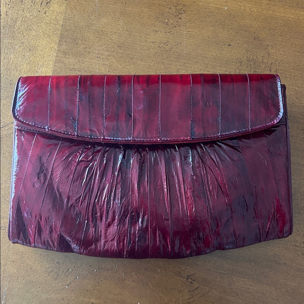 Vintage Made in Korea Genuine Eel Skin Burgundy Rouched Shoulder Bag/Clutch - Picture 7 of 8